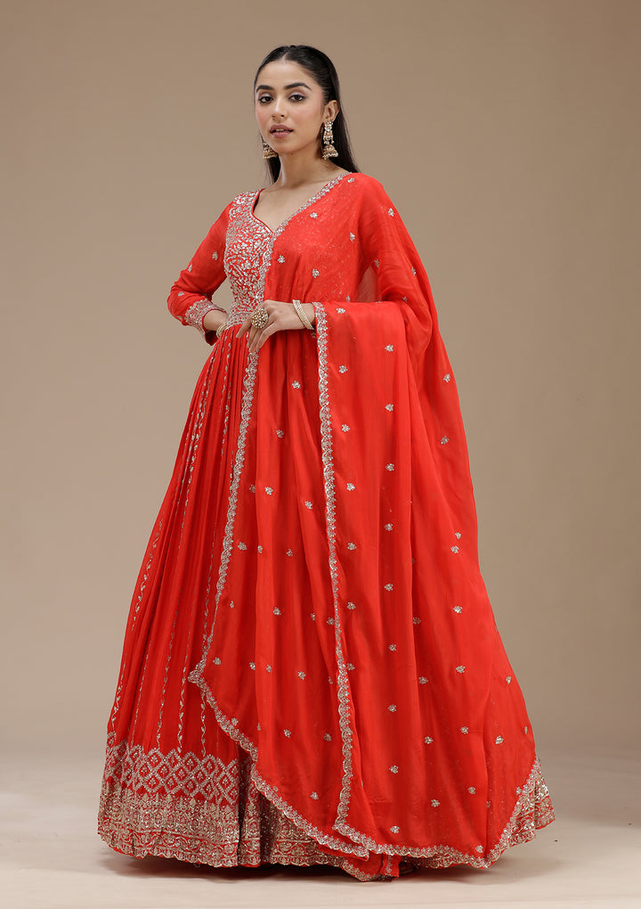 Red Sequins Crepe Readymade Salwar Suit