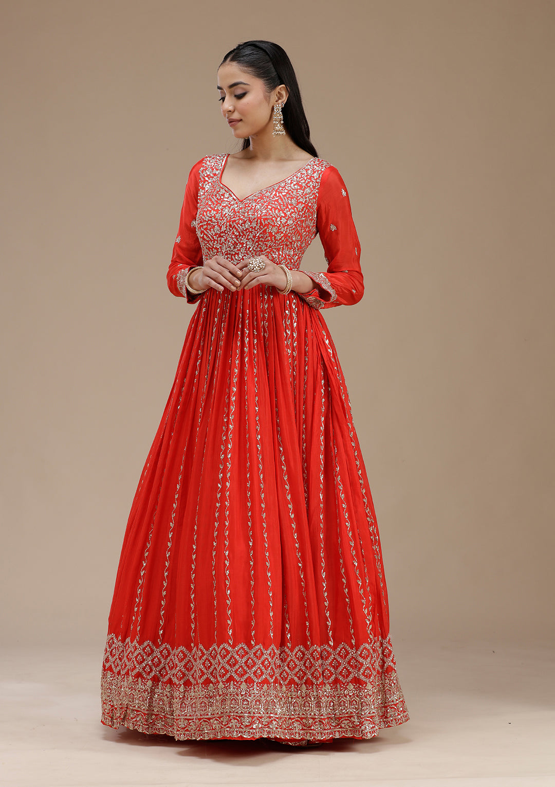 Red Sequins Crepe Readymade Salwar Suit