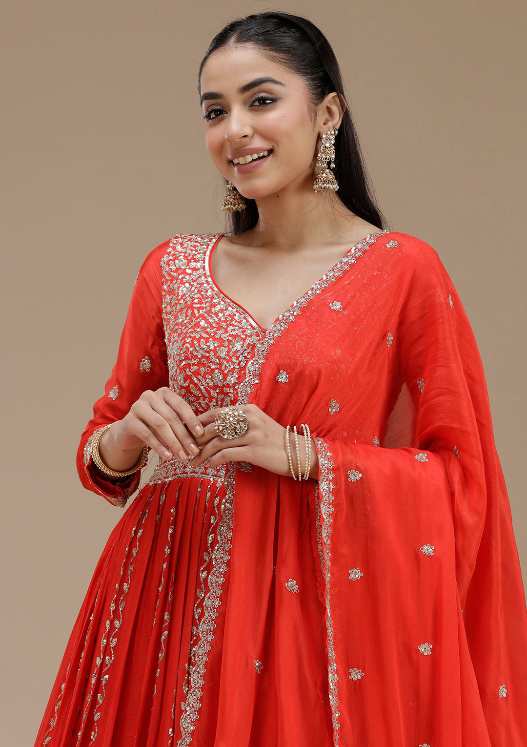Red Sequins Crepe Readymade Salwar Suit