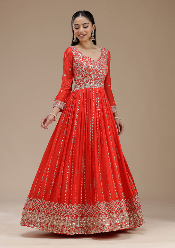 Red Sequins Crepe Readymade Salwar Suit