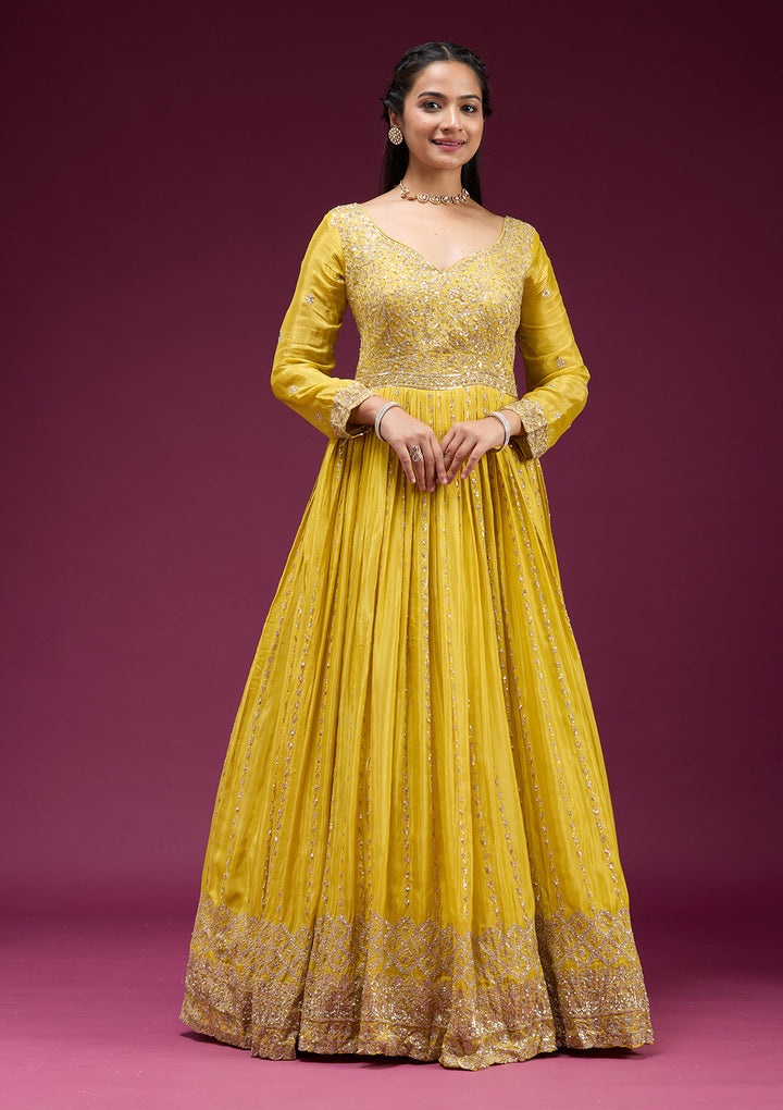 Yellow Crepe Sequins Anarkali Kurta With Bottom And Dupatta