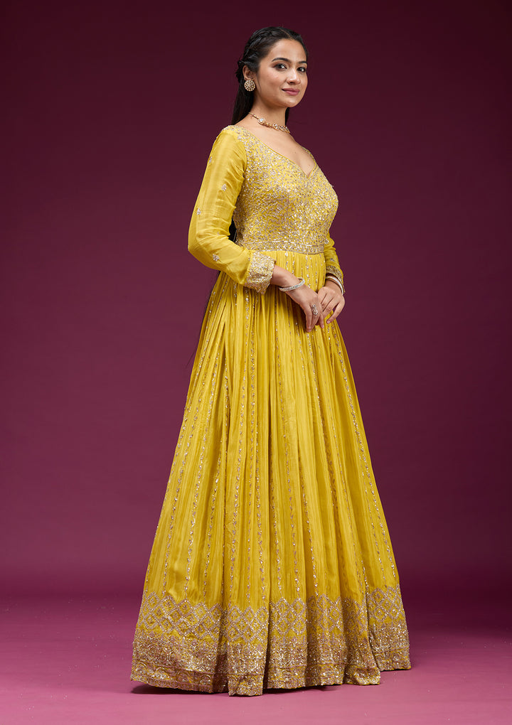 Yellow Crepe Sequins Anarkali Kurta With Bottom And Dupatta