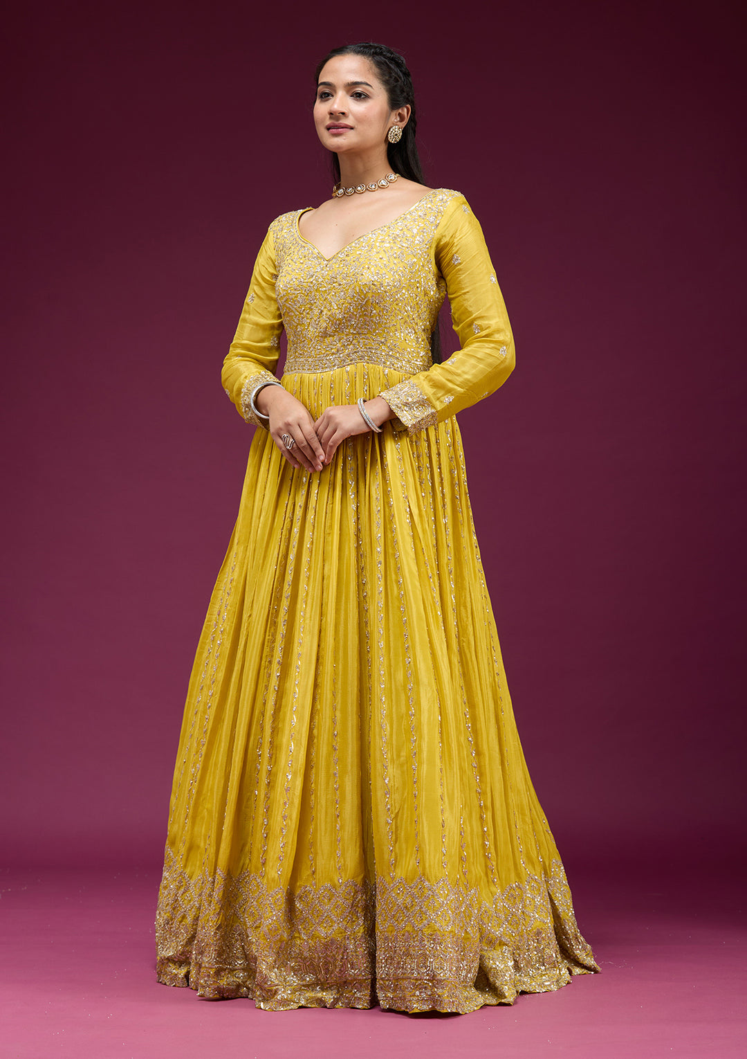 Yellow Crepe Sequins Anarkali Kurta With Bottom And Dupatta