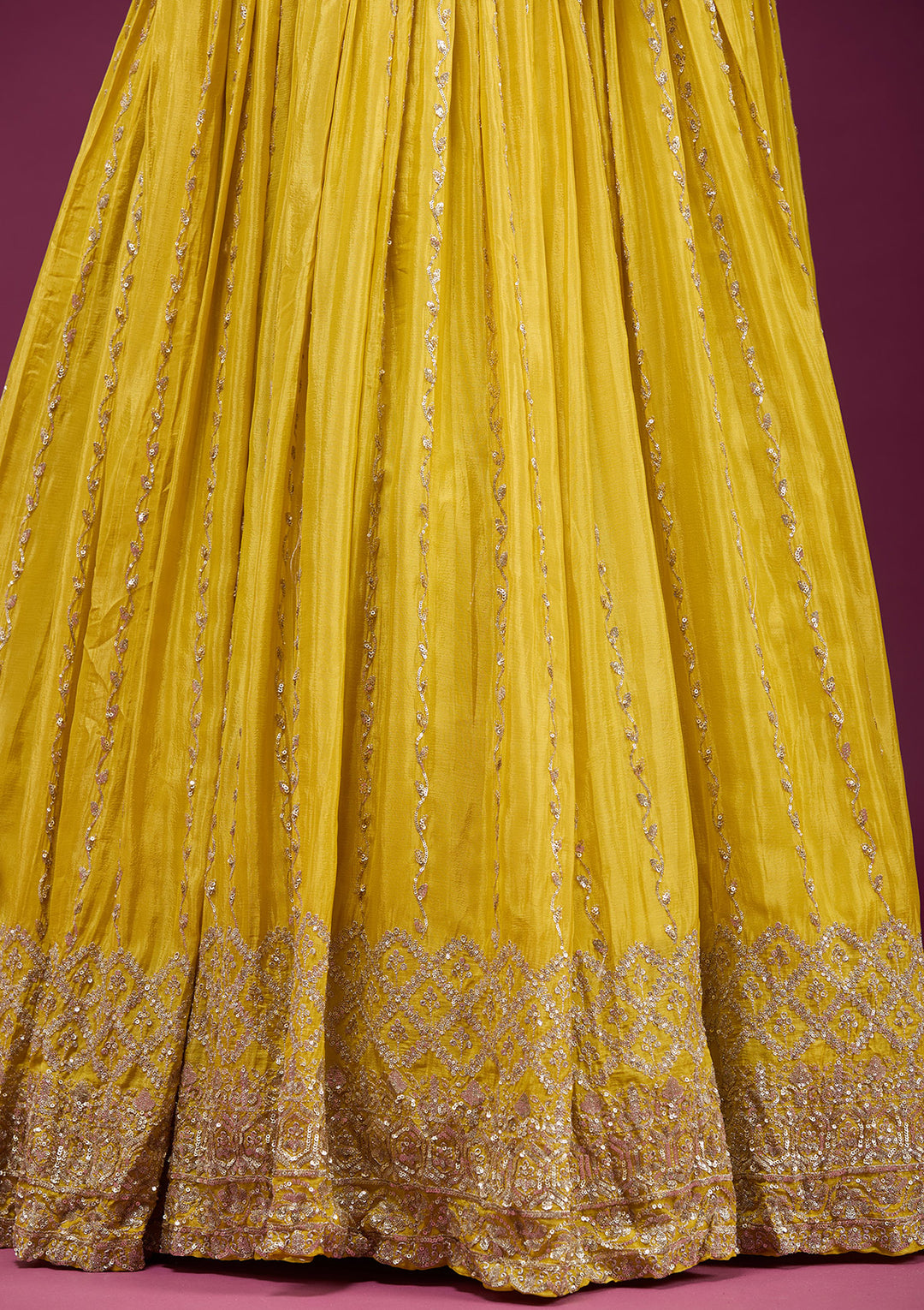 Yellow Crepe Sequins Anarkali Kurta With Bottom And Dupatta