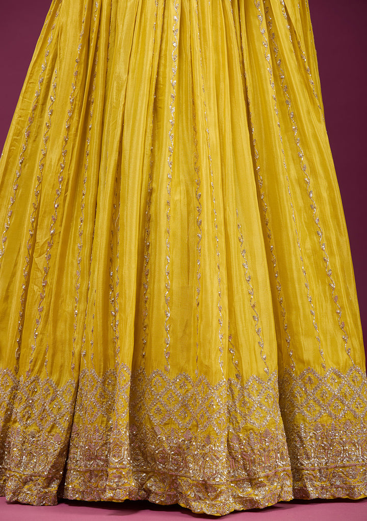 Yellow Crepe Sequins Anarkali Kurta With Bottom And Dupatta