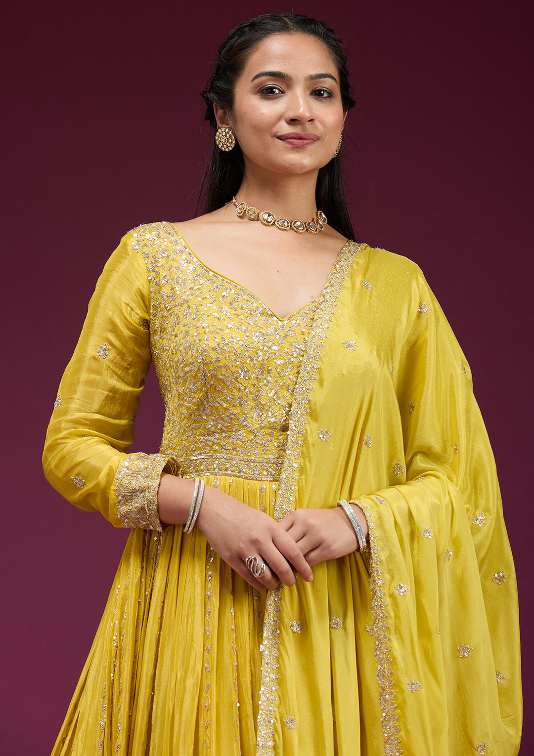Yellow Crepe Sequins Anarkali Kurta With Bottom And Dupatta
