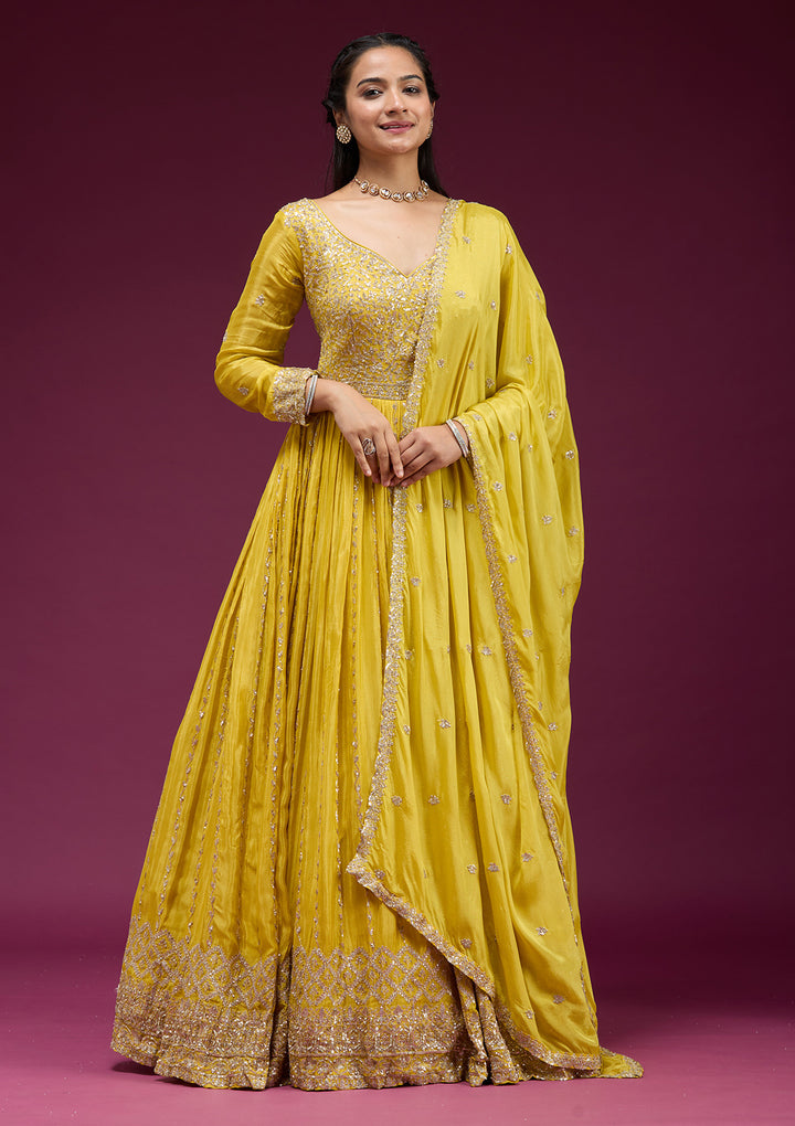 Yellow Crepe Sequins Anarkali Kurta With Bottom And Dupatta