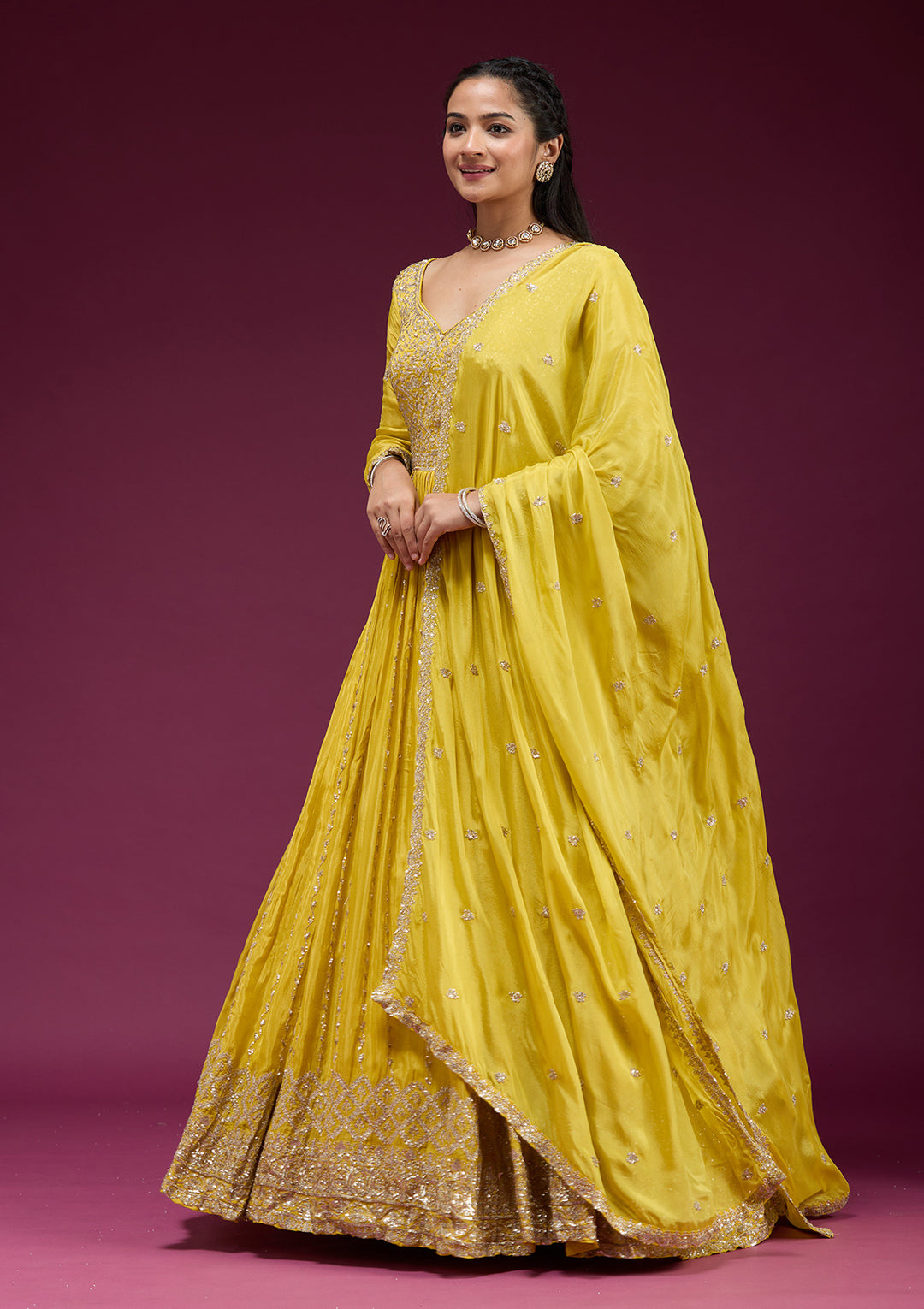 Yellow Crepe Sequins Anarkali Kurta With Bottom And Dupatta