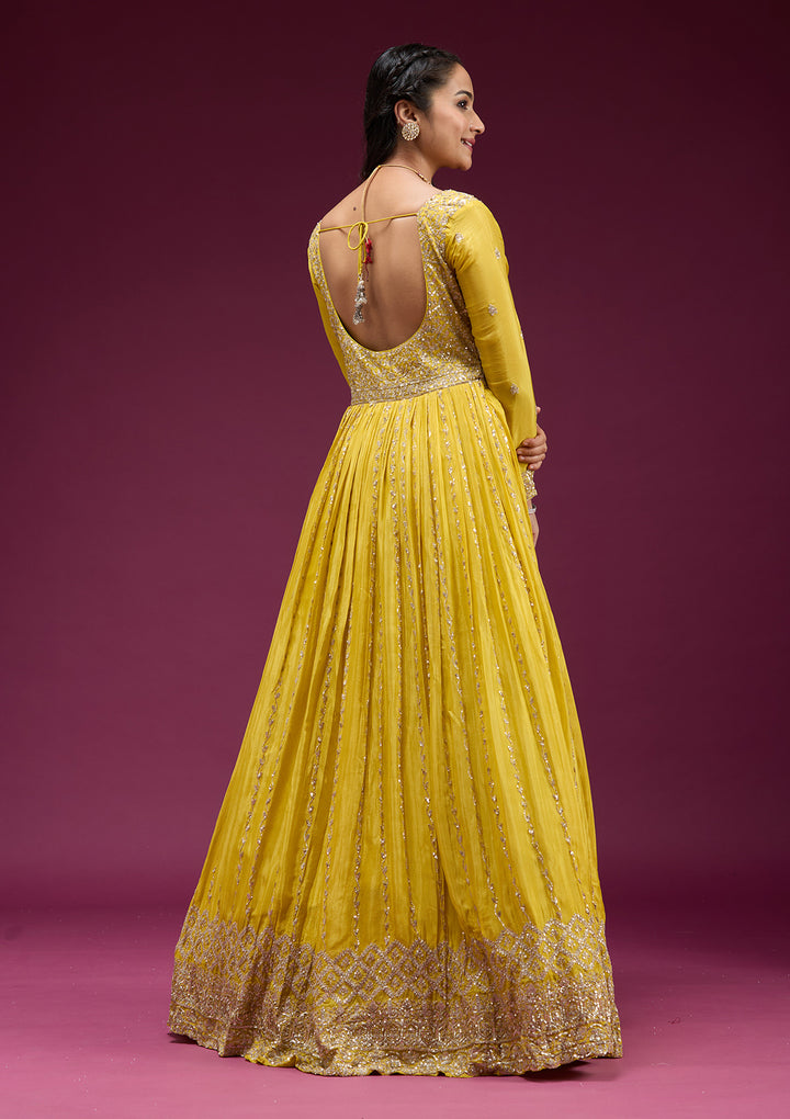 Yellow Crepe Sequins Anarkali Kurta With Bottom And Dupatta