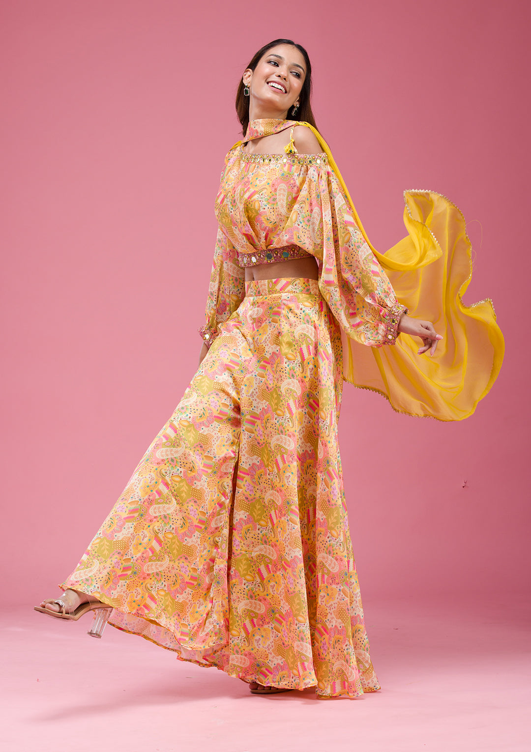 Yellow Cutdana Crepe Readymade salwar suit