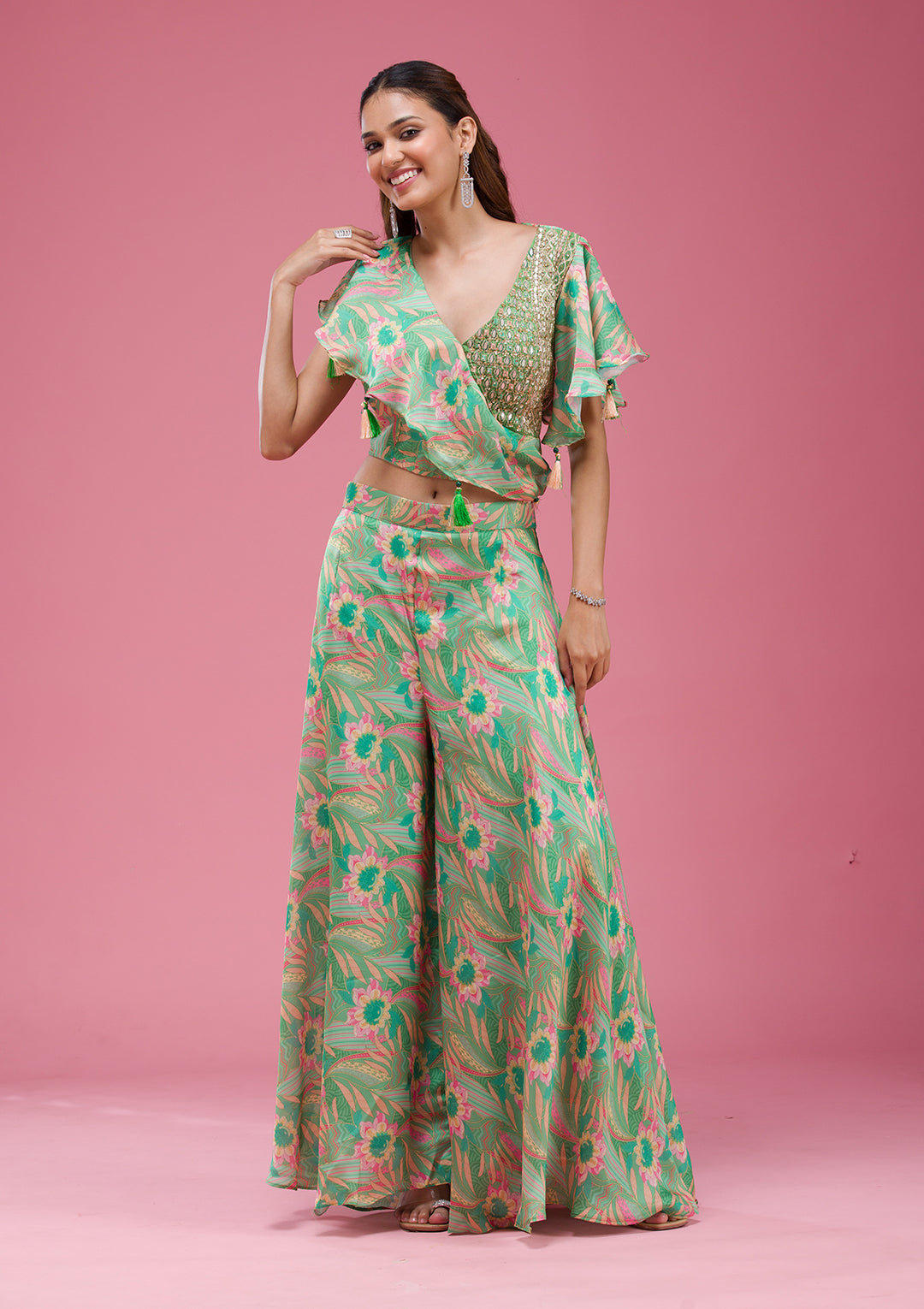 Green Mirrorwork Crepe Readymade salwar suit