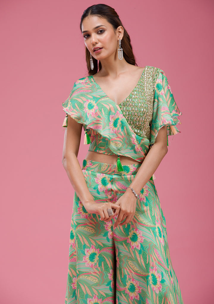 Green Mirrorwork Crepe Readymade salwar suit