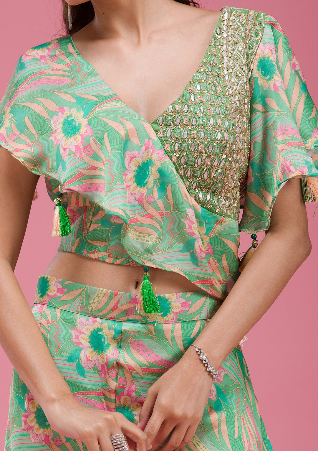 Green Mirrorwork Crepe Readymade salwar suit