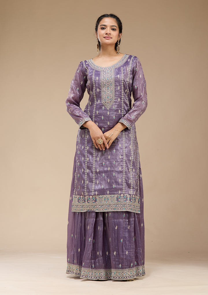 Purple Zariwork (Gold) Organza Readymade Salwar Suit