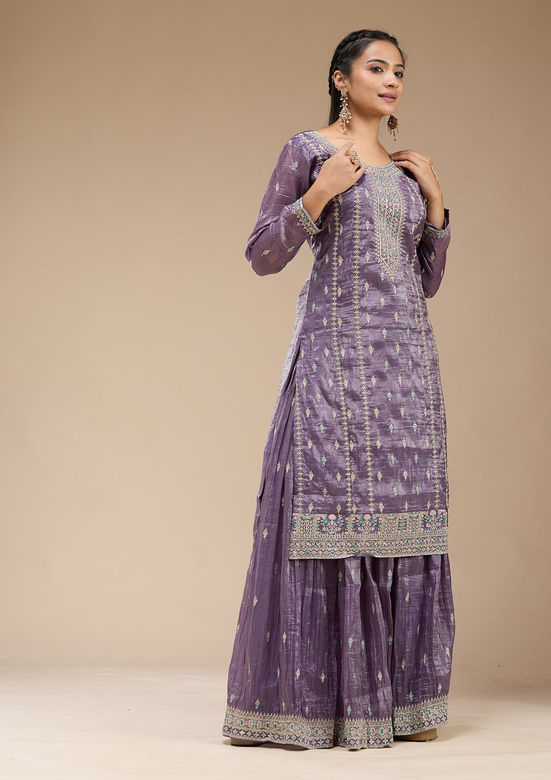Purple Zariwork (Gold) Organza Readymade Salwar Suit