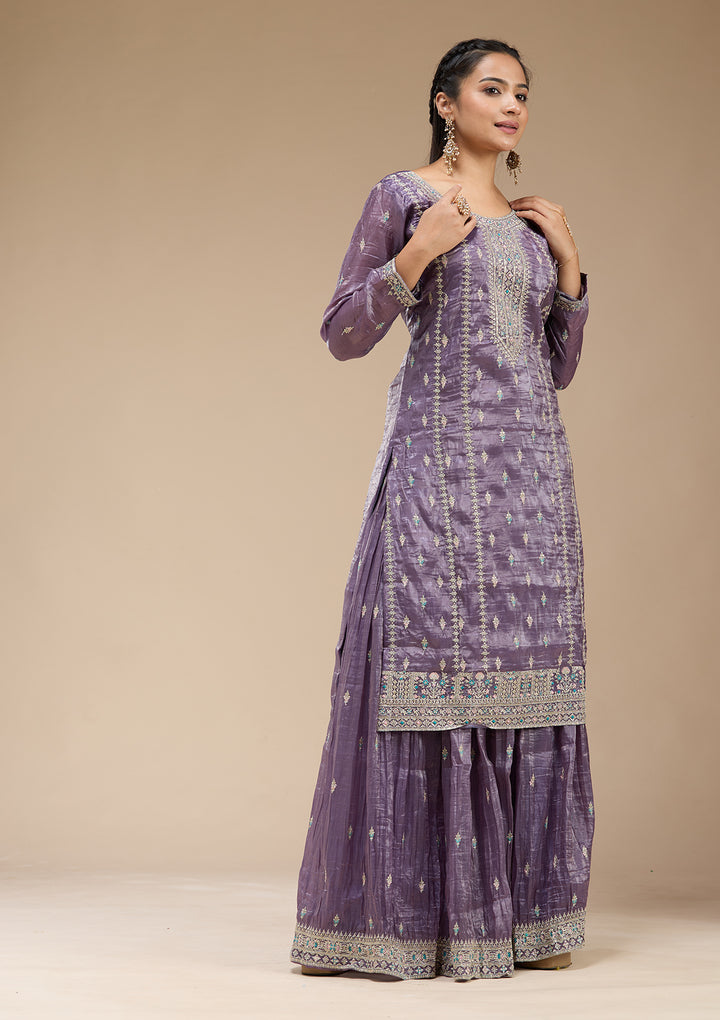 Purple Zariwork (Gold) Organza Readymade Salwar Suit