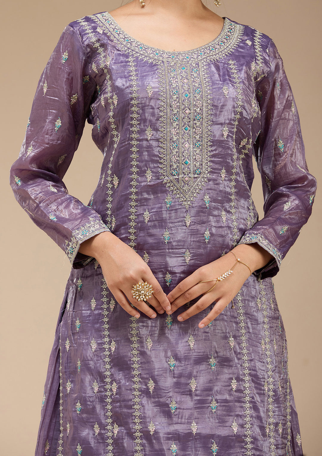 Purple Zariwork (Gold) Organza Readymade Salwar Suit