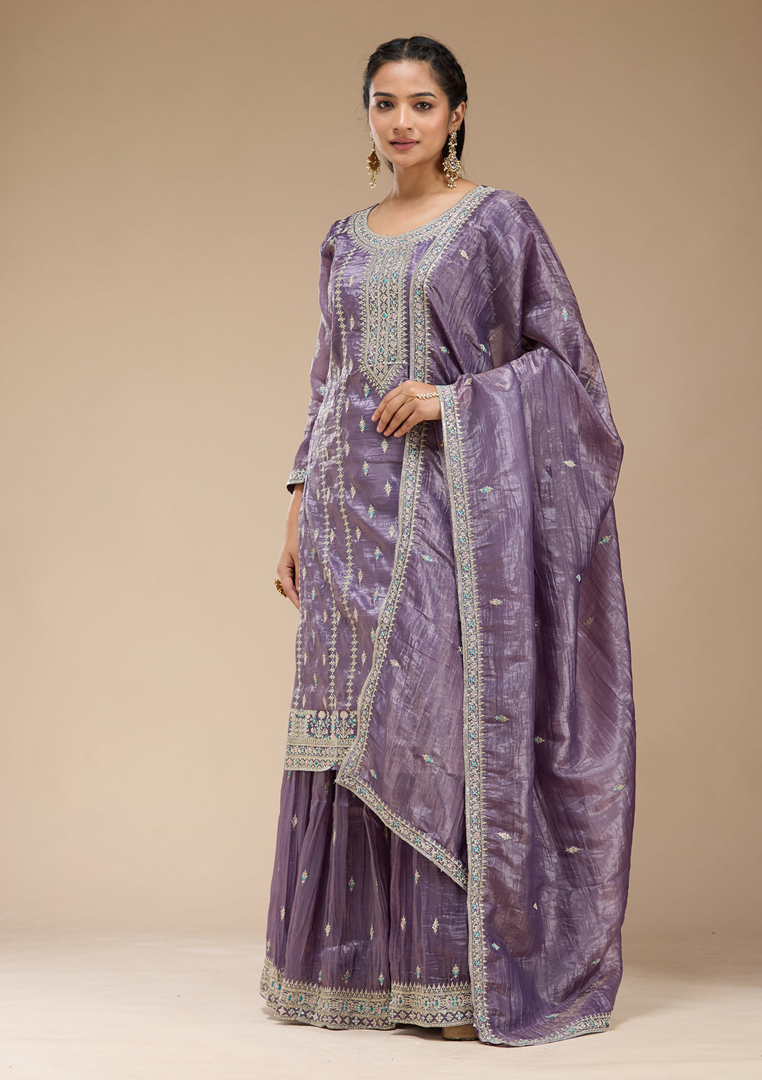 Purple Zariwork (Gold) Organza Readymade Salwar Suit