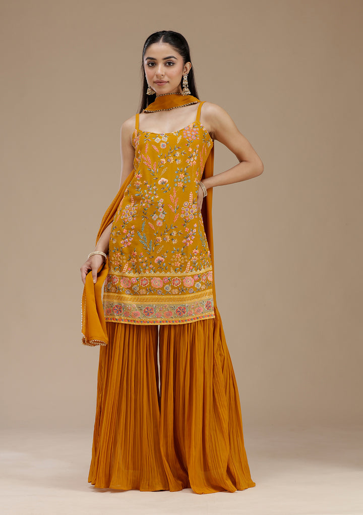 Mustard Threadwork Georgette Readymade Salwar Suit