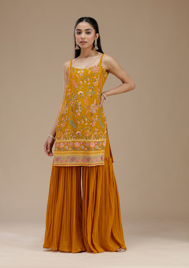 Mustard Threadwork Georgette Readymade Salwar Suit