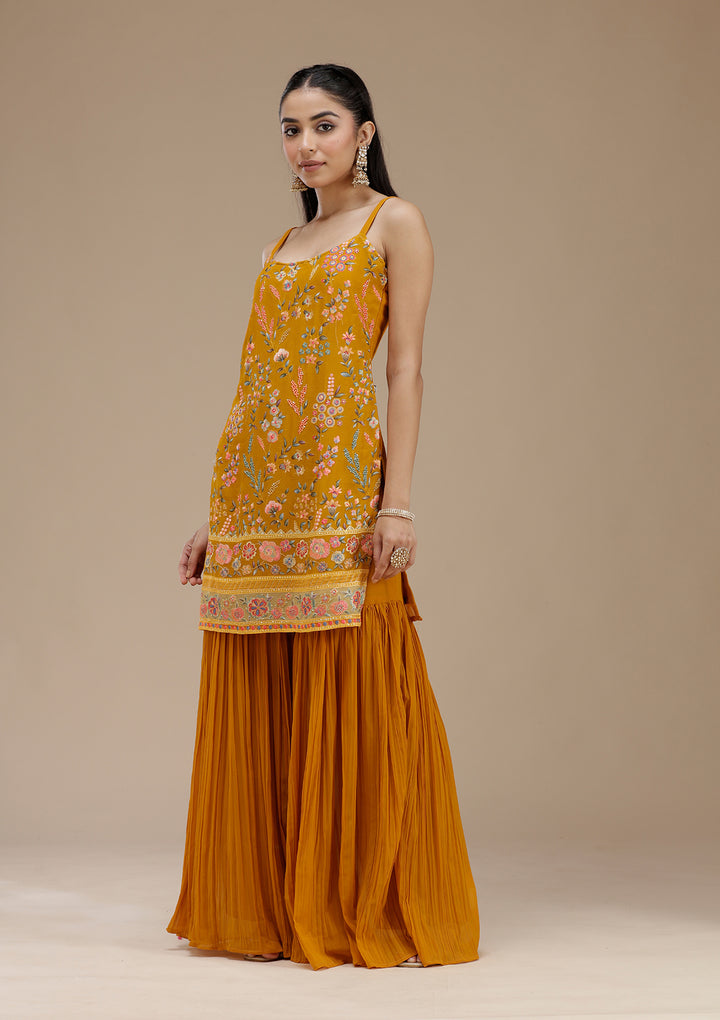 Mustard Threadwork Georgette Readymade Salwar Suit