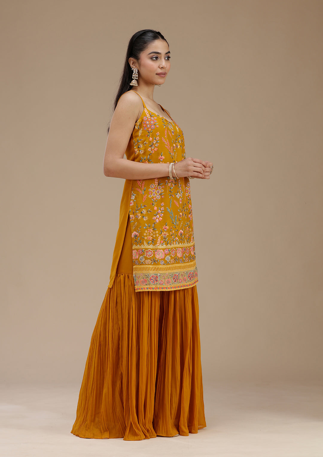 Mustard Threadwork Georgette Readymade Salwar Suit