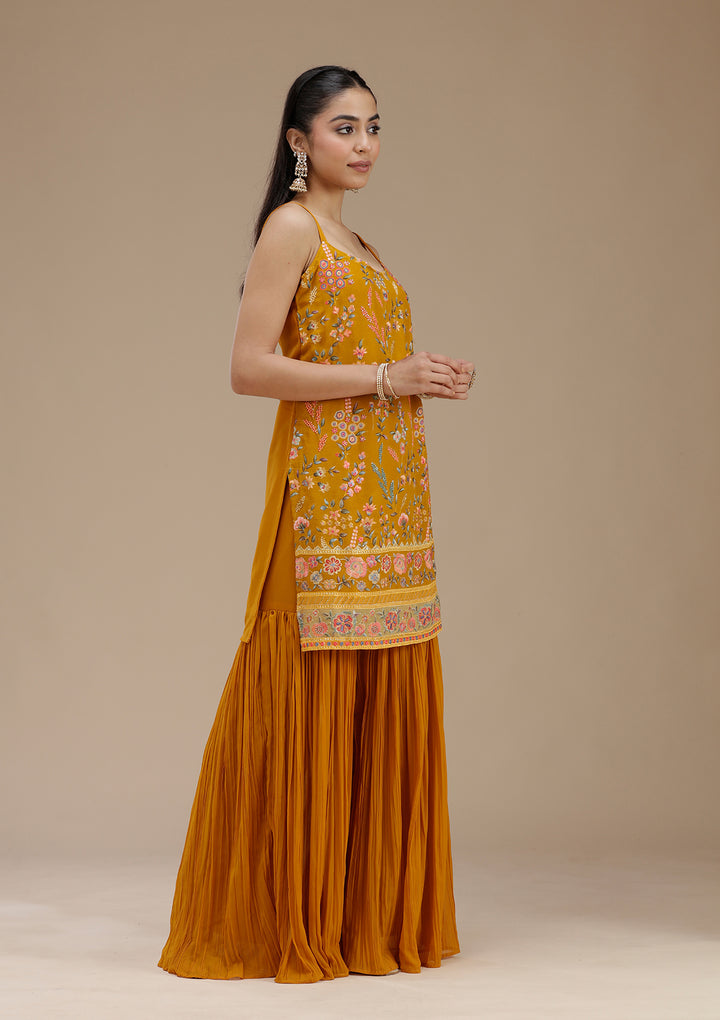 Mustard Threadwork Georgette Readymade Salwar Suit
