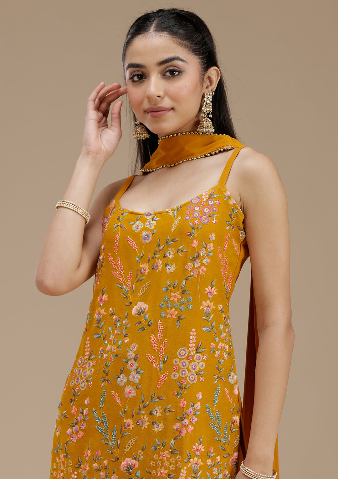 Mustard Threadwork Georgette Readymade Salwar Suit