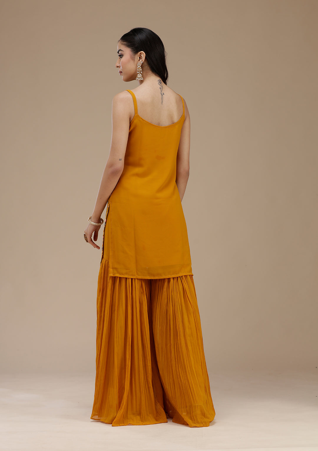 Mustard Threadwork Georgette Readymade Salwar Suit