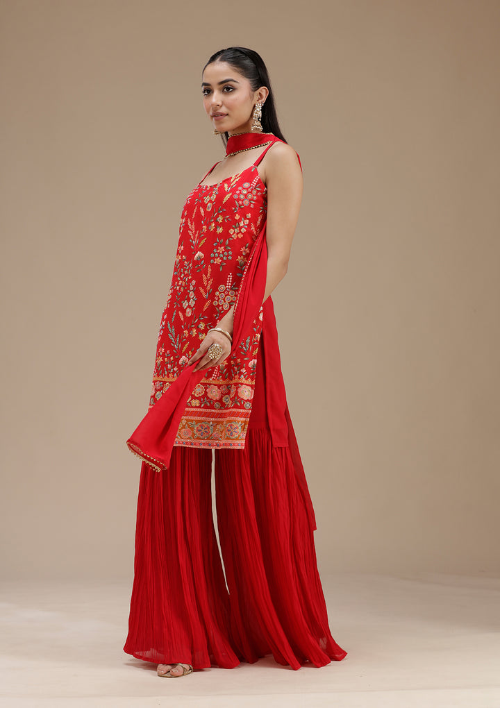 Red Threadwork Georgette Readymade Salwar Suit