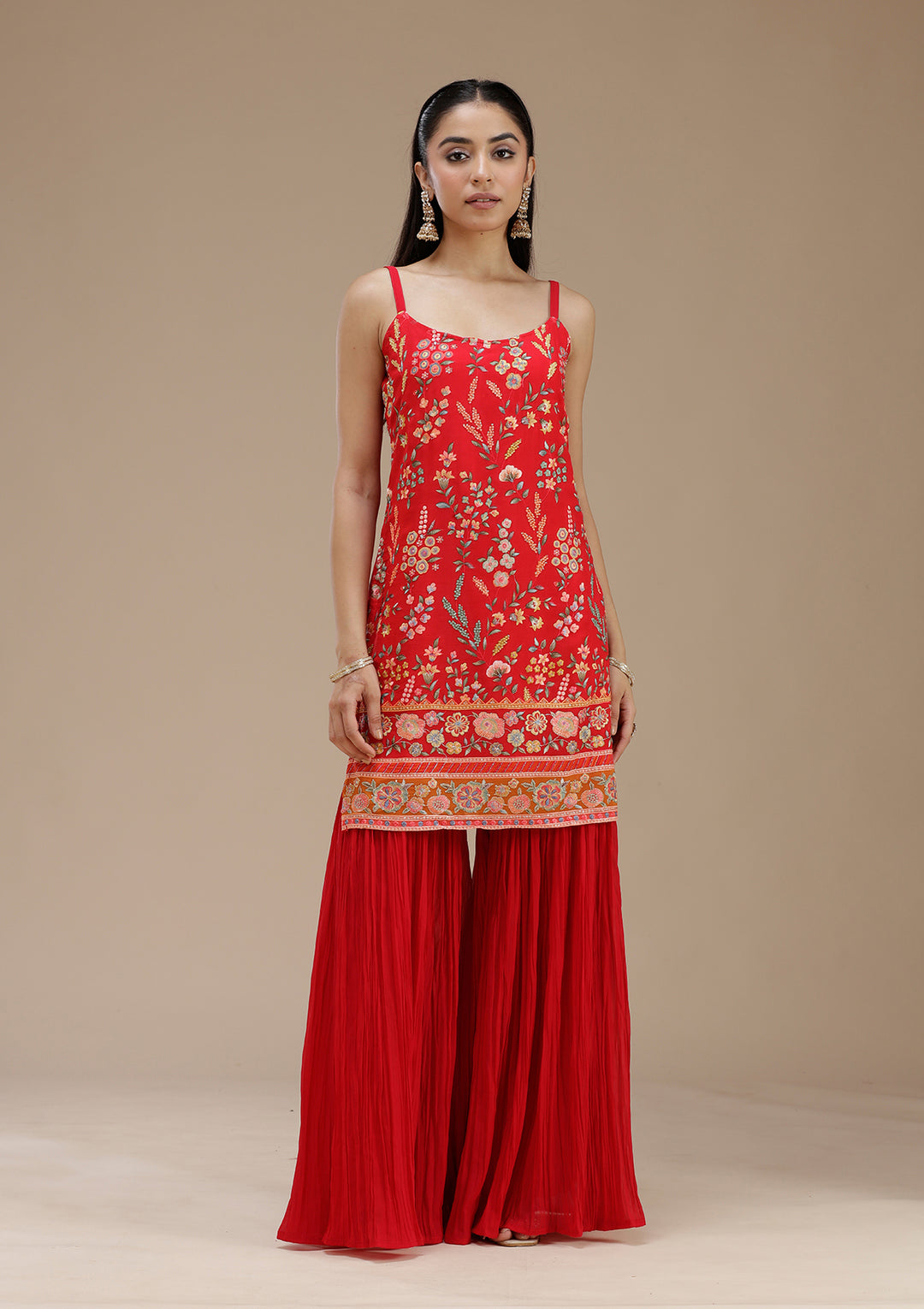 Red Threadwork Georgette Readymade Salwar Suit