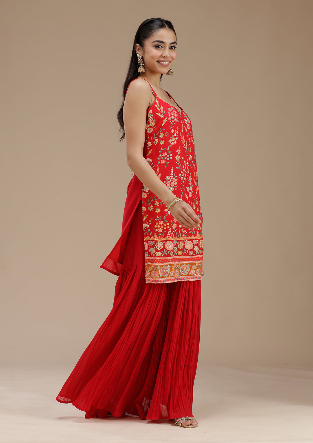 Red Threadwork Georgette Readymade Salwar Suit