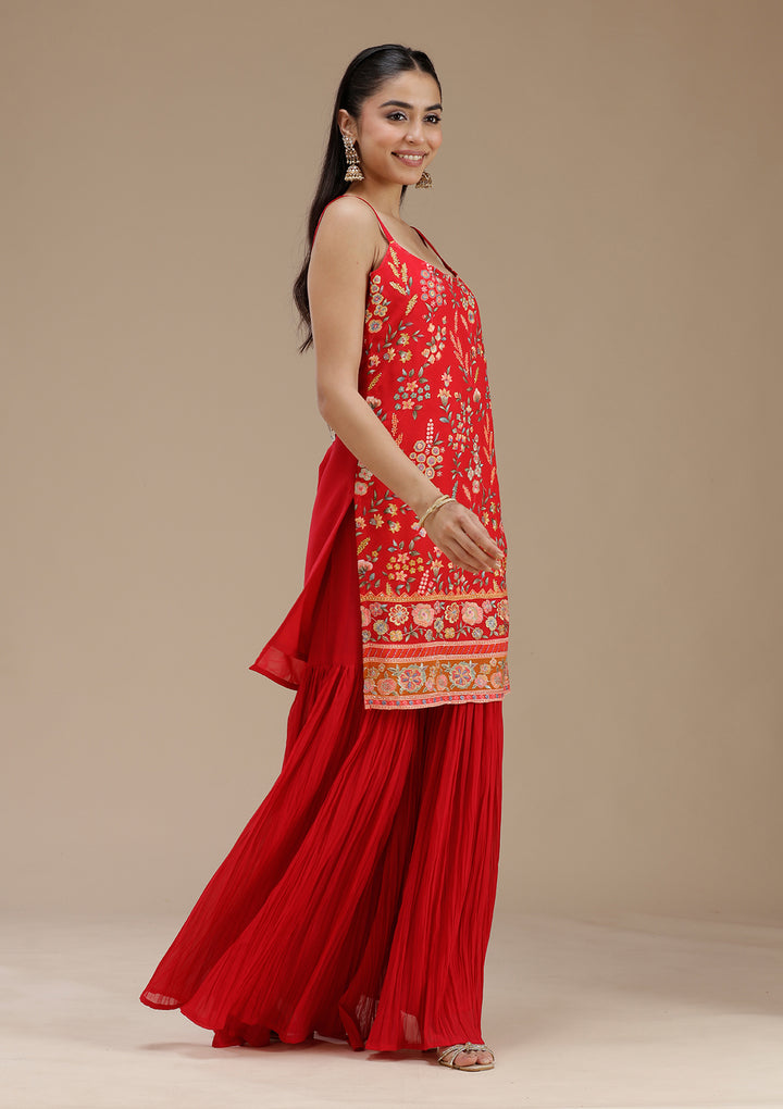Red Threadwork Georgette Readymade Salwar Suit