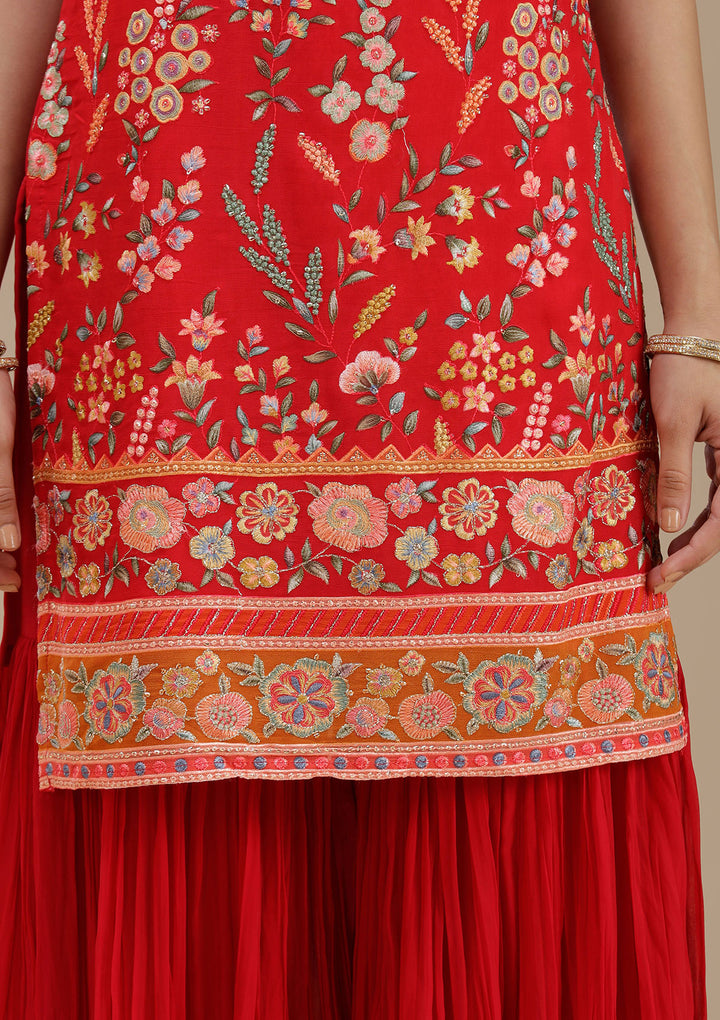 Red Threadwork Georgette Readymade Salwar Suit