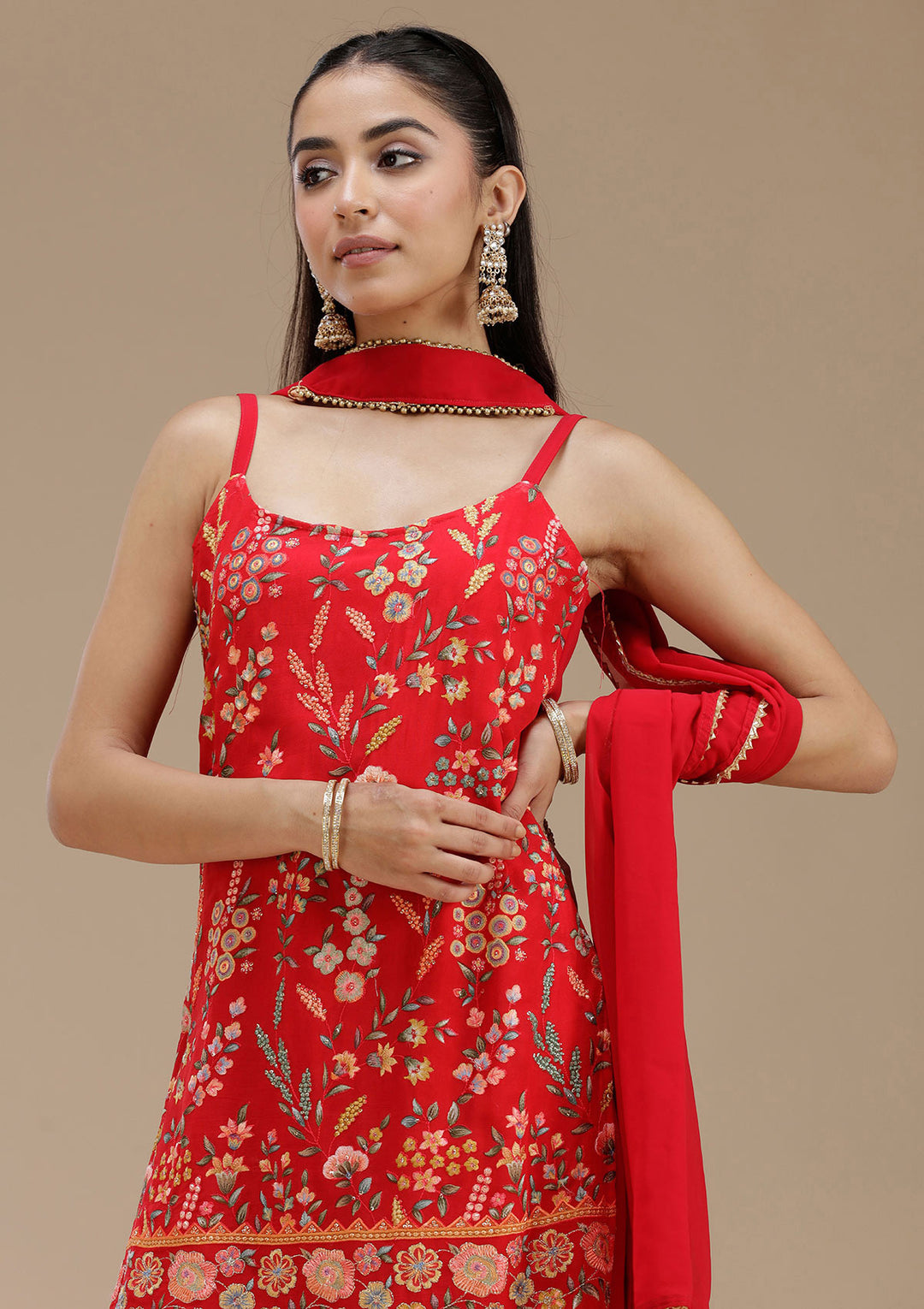 Red Threadwork Georgette Readymade Salwar Suit