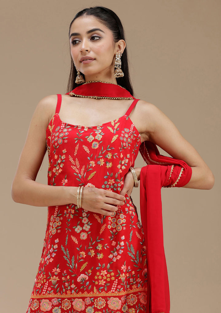Red Threadwork Georgette Readymade Salwar Suit