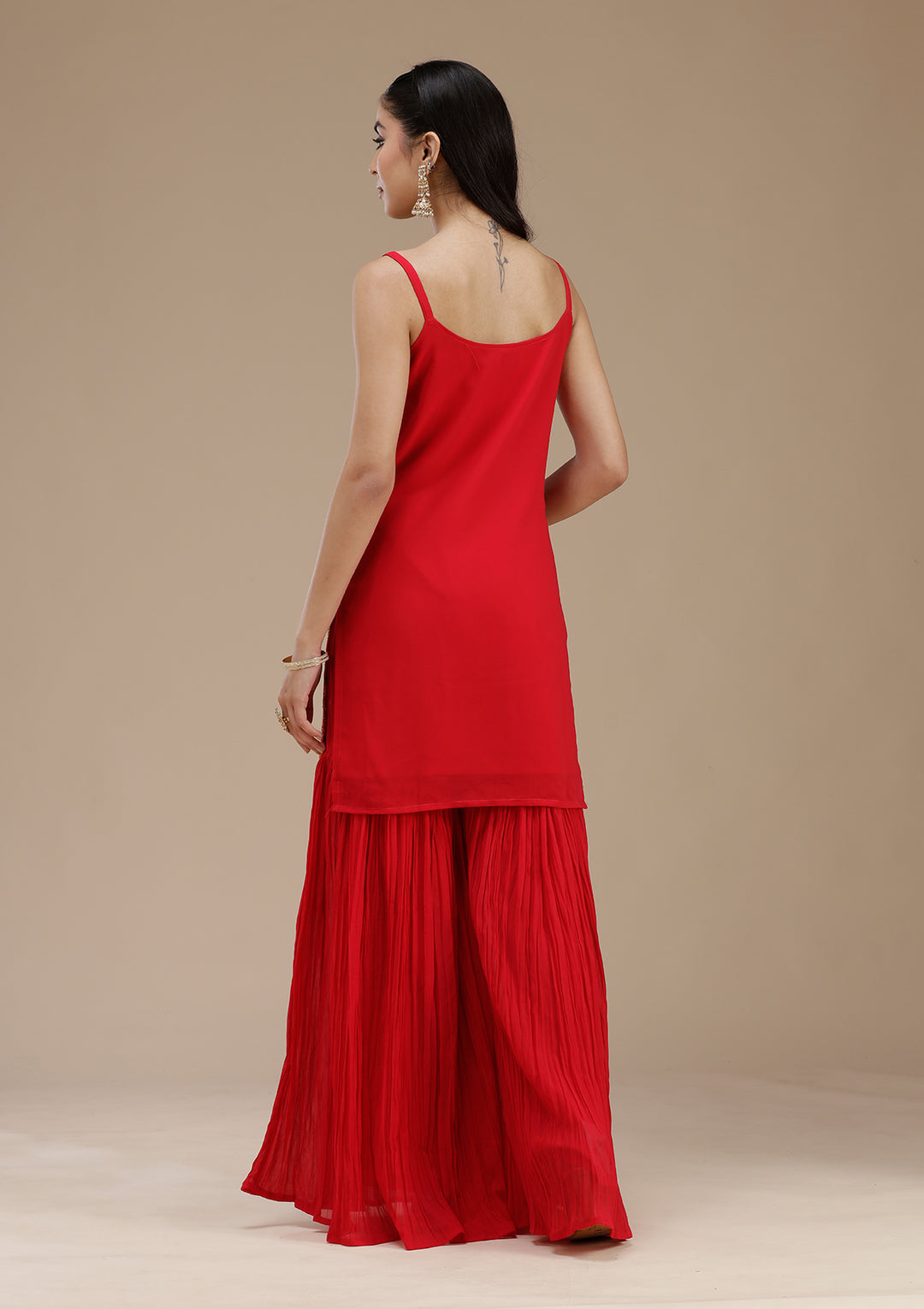 Red Threadwork Georgette Readymade Salwar Suit