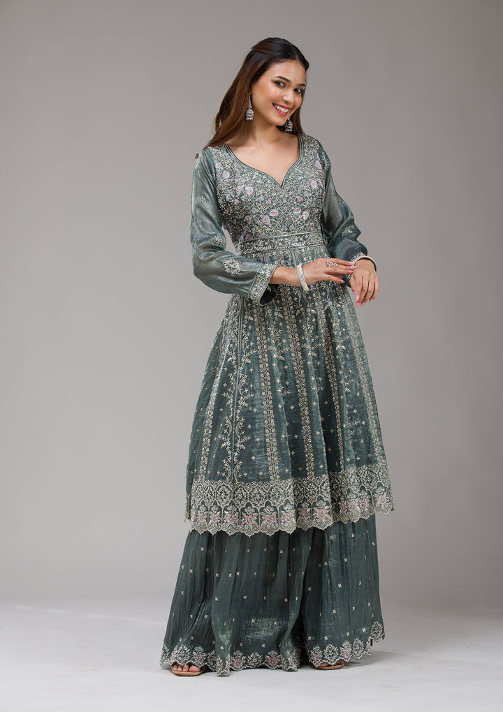 Dark Grey Zariwork (Gold) Organza Readymade Salwar Suit