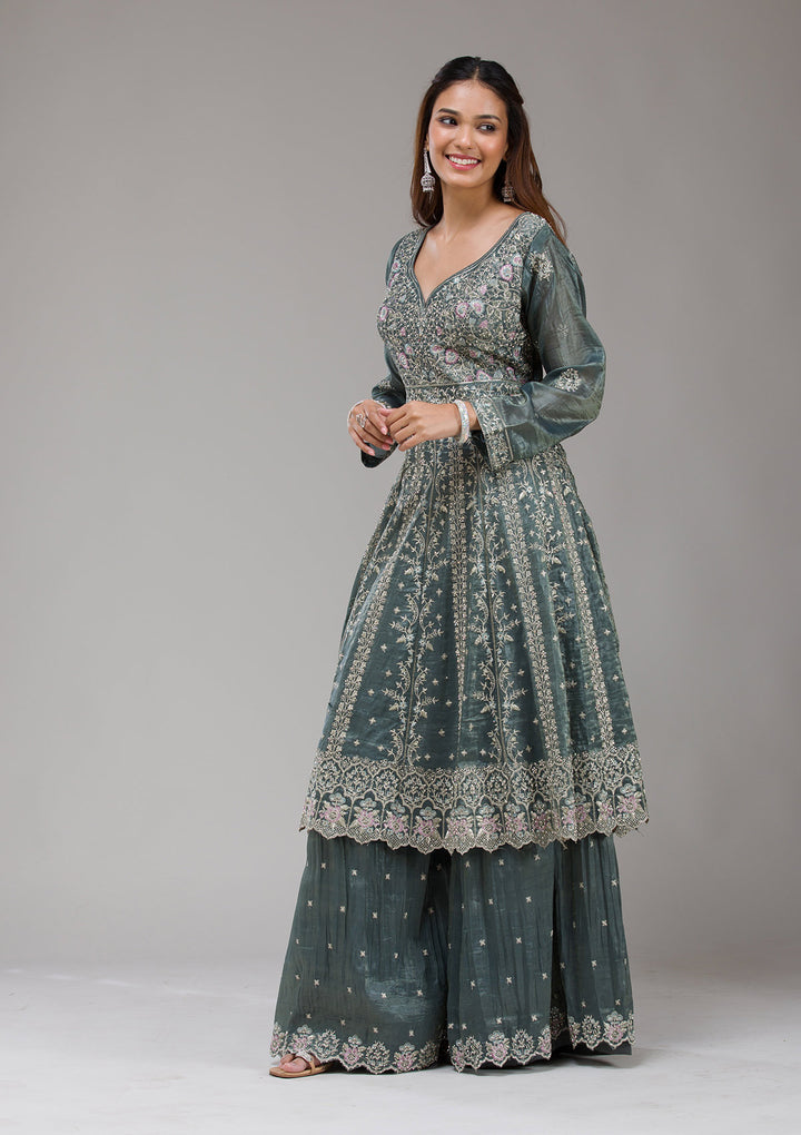 Dark Grey Zariwork (Gold) Organza Readymade Salwar Suit
