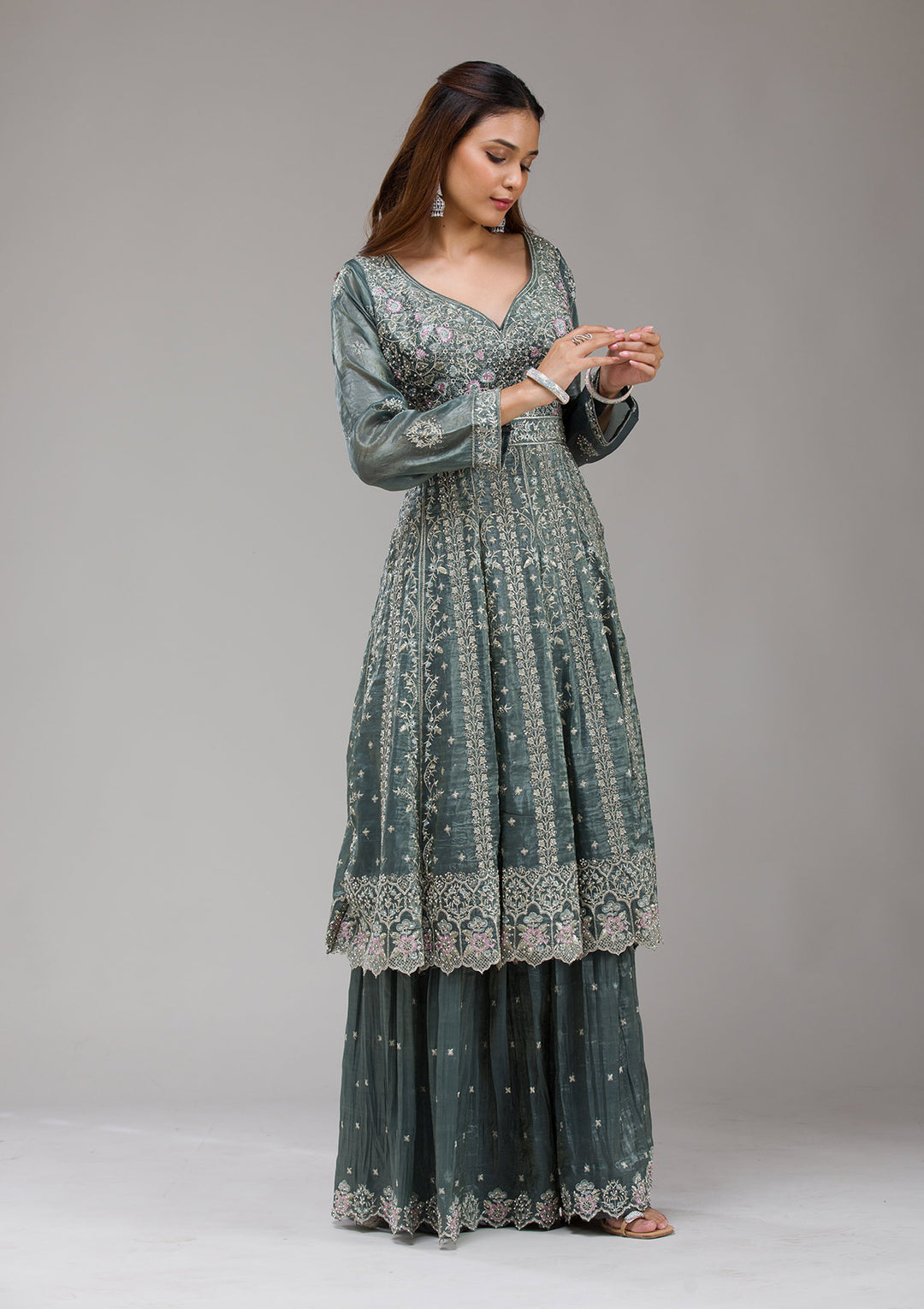 Dark Grey Zariwork (Gold) Organza Readymade Salwar Suit