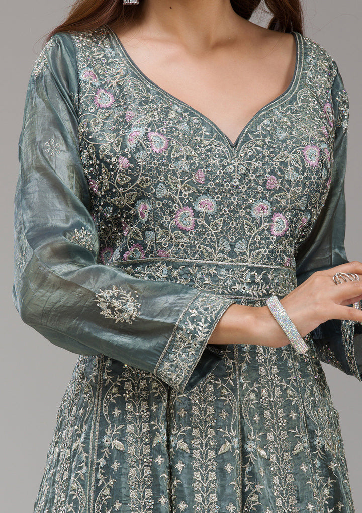 Dark Grey Zariwork (Gold) Organza Readymade Salwar Suit