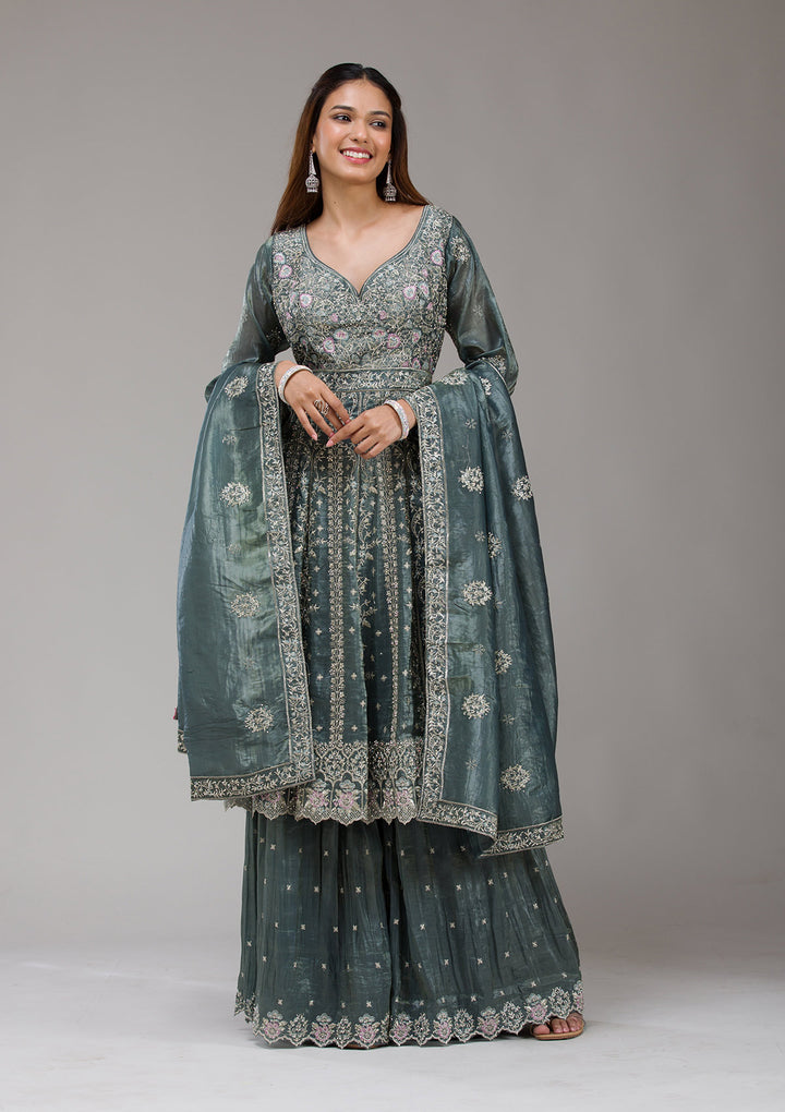 Dark Grey Zariwork (Gold) Organza Readymade Salwar Suit