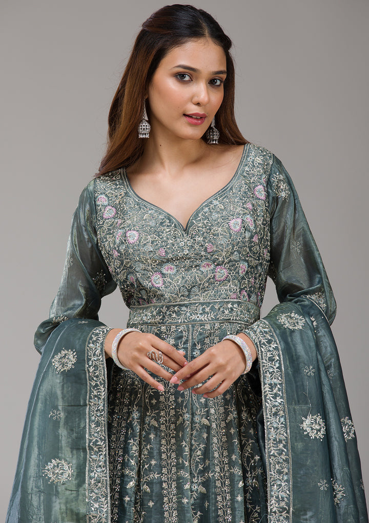 Dark Grey Zariwork (Gold) Organza Readymade Salwar Suit