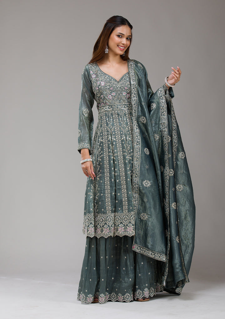 Dark Grey Zariwork (Gold) Organza Readymade Salwar Suit