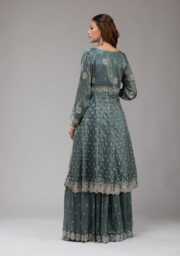 Dark Grey Zariwork (Gold) Organza Readymade Salwar Suit