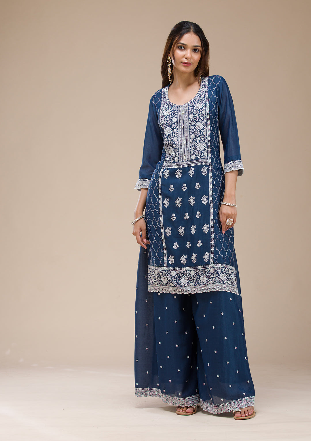 Navy Blue Chinon Threadwork Straight Kurta With Sharara And Dupatta