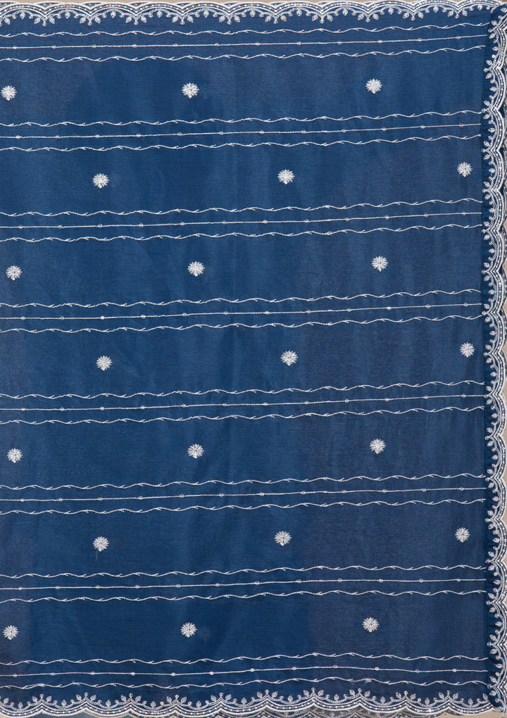 Navy Blue Chinon Threadwork Straight Kurta With Sharara And Dupatta