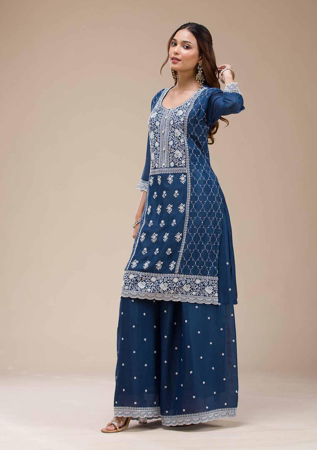 Navy Blue Chinon Threadwork Straight Kurta With Sharara And Dupatta