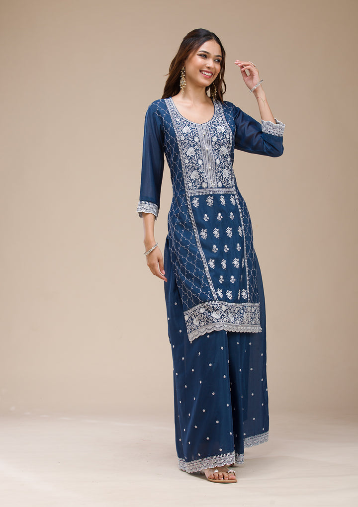 Navy Blue Chinon Threadwork Straight Kurta With Sharara And Dupatta