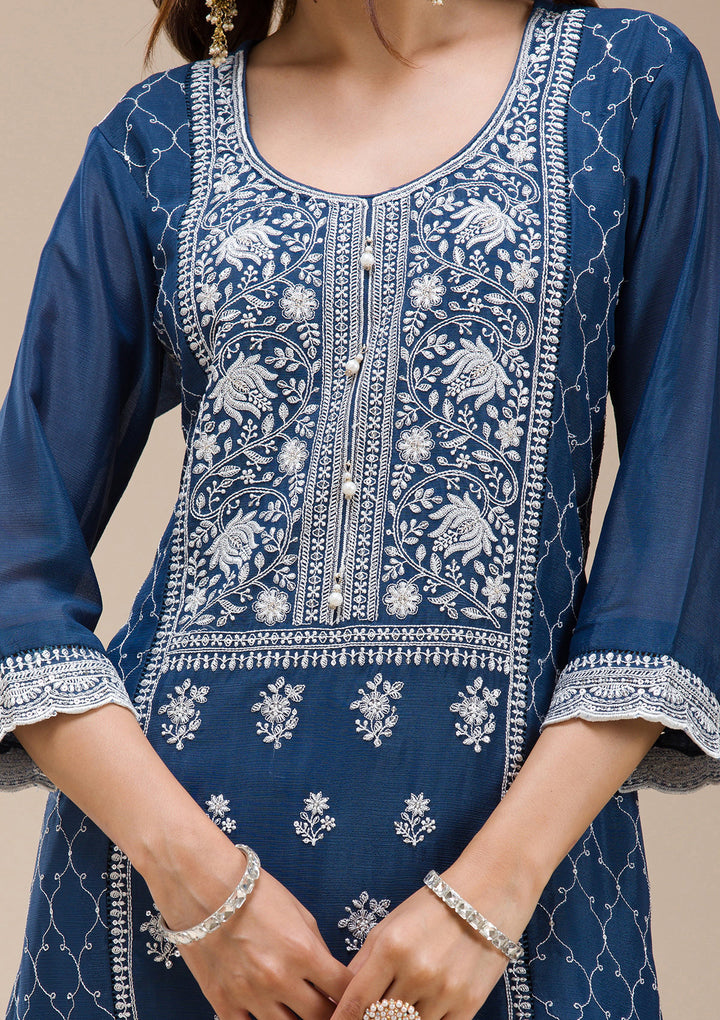 Navy Blue Chinon Threadwork Straight Kurta With Sharara And Dupatta
